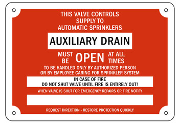 Wall Mural - Sprinkler shut off sign and labels auxiliary drain