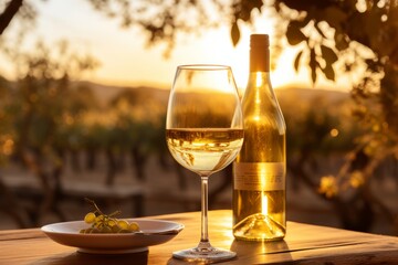  A glass of golden Marsanne wine, elegantly placed on a rustic wooden table, with a vineyard bathed in the warm glow of sunset in the background