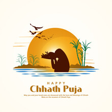 Vector Illustration Of Chhath Puja Traditional Festival Background. Indian Women Doing Prayer Of Sunrise And Bathing In Holy River In Bihar Bengal