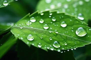  Large beautiful drops of transparent rain water on green leaves