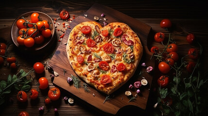 Wall Mural - Homemade pizza on wooden board. Heart shaped Pizza, St Valentin's Day celebration. generative ai