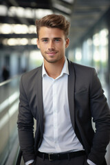 Businessman in suit smiling.