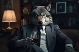 Anthromorphic stock market wolf in a suit holding a glass of drink in a dimly lit room