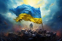 Soldier Standing Amidst Ruins With A Large Blue And Yellow Ukrainian Flag Waving Against A Stormy Sky