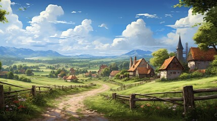 A bucolic countryside with quaint cottages dotting the pastoral scenery.