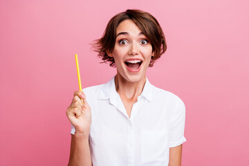 Sticker - Portrait of funny young girl brown bob hair studying finally find result solution last task homework isolated on pink color background