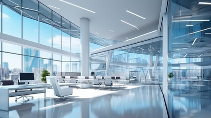 Poster - futuristic modern office building interior in urban city. ai generative