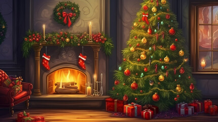 Poster - Festive interior with decorated Christmas tree and fireplace. ai generative