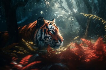 Wall Mural - Tiger jungle aesthetic. Wildlife majestic predator in wild forest. Generate ai