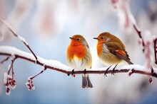 A Couple Of Lovebirds Perched On A Tree Branch, Celebrating The Christmas. Generative AI