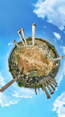 Wall Mural - tiny planet view of ancient Temple of Aphrodite in Aphrodisias ancient city. With exquisite marble artworks and columns dedicated to the goddess of love, creating a unique historical experience.