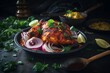 indian tandoori chicken with onions and herbs, roasted meat, copy space, generative ai