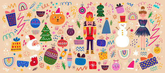 Wall Mural - christmas decorative collection with funny nutcracker, santa claus, ballerina and gift boxes. christ