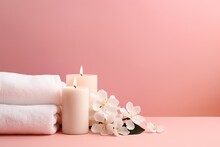 A Serene Spa Environment With Candles, White Towels And Flowers, Providing Relaxation, Wellness And Beauty Treatment.