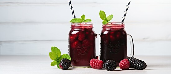 Canvas Print - Modern blackberry cocktail or smoothie in beer can glass with eco straw by a white brick wall With copyspace for text