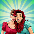 Two surprised and shocked young women with wide open eyes and mouthes, vector illustration in pop art comic style