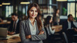 © Oleksandr - Thoughtful business woman standing with crossed arms. Woman working in an office. ai generative