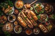 top view of assorted vietnamese dishes, generative ai