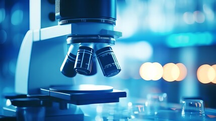 Closeup of Scientific microscope data analysis in the laboratory, medicine equipment research setting in lab for chemistry analysis