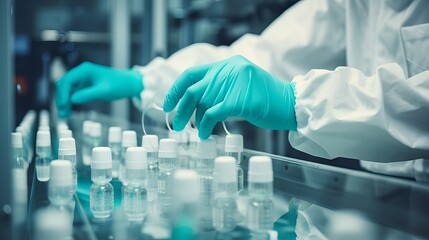 hand in gloves inspecting medical vials on a pharmaceutical production line, close-up view of machin