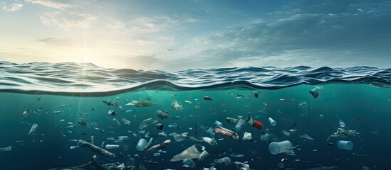 Wall Mural - ocean pollution caused by plastic bottles and trash with copyspace for text