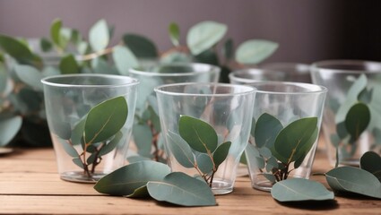 Wall Mural - Plastic cups and eucalyptus leaves on wooden table, closeup. Cupping therapy.