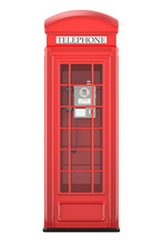 Red Telephone Box, Front View. 3D Rendering Isolated On Transparent Background