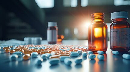 Wall Mural - prescription opioids addiction and overdose: a bottle of pills on a mirror table reflecting the conc