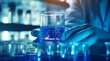 Scientist examining blue liquid in glass container, exploring new solutions for medical innovation, biotech industry and scientific research