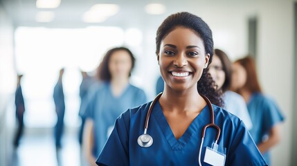 Happy female doctor and her medical teamwork in a hospital - professional healthcare and medicine concept