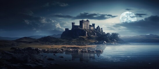 Canvas Print - Old castle lit by full moon With copyspace for text