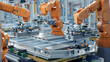 EV Battery Pack Automated Production Line Equipped with Orange Robot Arms. Modern Electric Car Smart Factory. Row of Advanced Robotic Arms inside Bright Plant Assemble Battery for Automotive Industry