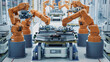 EV Battery Pack Automated Production Line Equipped with Orange Advanced Robot Arms. Row of Robotic Arms inside Bright Plant Assemble Batteries for Automotive Industry Modern Electric Car Smart Factory