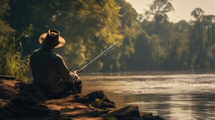 Wall Mural - Fishing on the river bank, AI generated Image