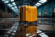 Yellow suitcase presented on a blue surface in a stock photo, with a conceptual art twist featuring flying arrows, Generative AI