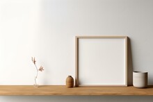 A Tranquil Interior Scene Featuring A Blank Wooden Frame Surrounded By Elegant Decorative Items On A Shelf, Illuminated By Soft Natural Light, Encapsulating The Essence Of Minimalistic Design.