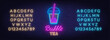 Bubble Tea neon sign on brick wall background. Blue and yellow neon alphabets