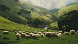 Fototapeta  - A herd of sheep grazing on a lush green hillside