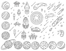 Set Of Space, Star Elements, Adventures In Space, Transport, Vector Set For Children, Doodle Illustrations, Coloring Book. Drawing With A Brush