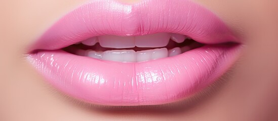 Poster - Pleasant looking full lips with natural gloss and closed mouth Enhanced lips beauty treatment Natural lips cheerful summer vibe with open eyes Stylish accessories pink lip gloss With copysp