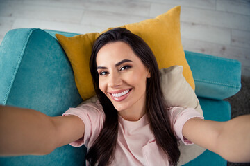 Poster - Top high angle view photo of positive cheerful millennial girl have nap awake make selfie for life blog in house apartment