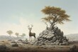 An artwork depicting a deer in a stony landscape beside a tree. Generative AI