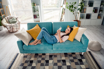 Poster - Photo of calm peaceful lady have break pause chatting on social network forum in house apartment