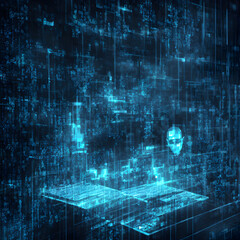 Wall Mural - abstract blue glowing floating digital binary code data stream cyberspace background