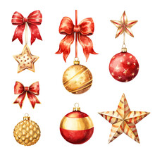 Watercolor Christmas Balls With Ribbons, Stars And Bows. Vector Watercolor Illustration. AI Generated