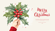 Merry Christmas Greeting Card With Hand Holding Holly Berry. Vector Illustration.