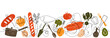 Cooking process on white background. Meal preparation from food ingredients. Vector illustration.