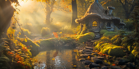 Wall Mural - a small fairy tale house in dark fantasy autumn forest, miniature woodland cottage made by gnomes an