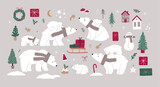 Fototapeta Fototapety na ścianę do pokoju dziecięcego - Cute cartoon Christmas bears - mom and baby. Vector illustration with chracter bear in flat style. Holidays print. Winter forest, trees, gifts, bears, baby bear