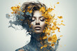 Woman goddess with flower wreath hairstyle. Abstract fantasy double exposure floral art 